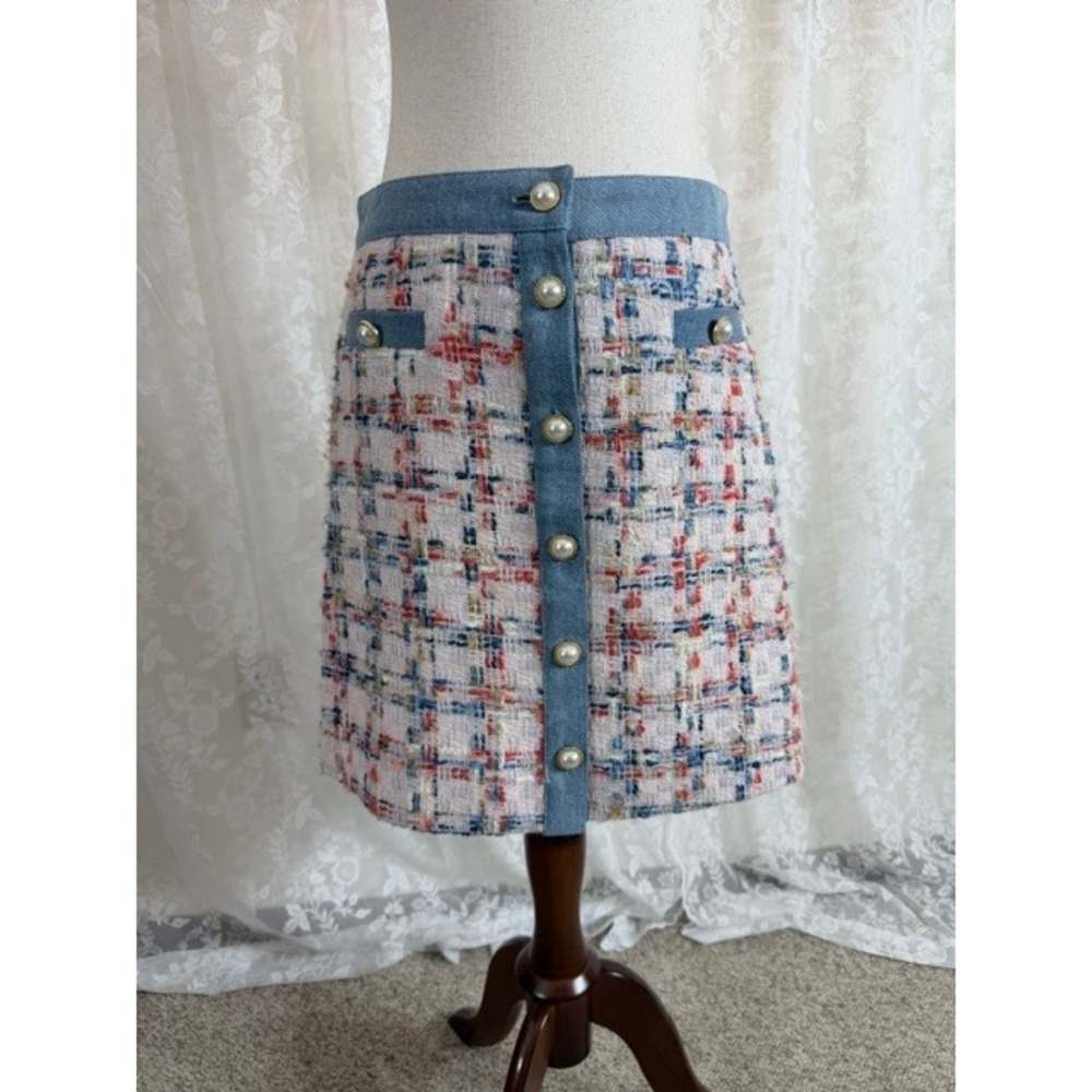 Nanette Nanette Lepore Tweed Mini Skirt Blue Denim Trim Pearl Button Size S